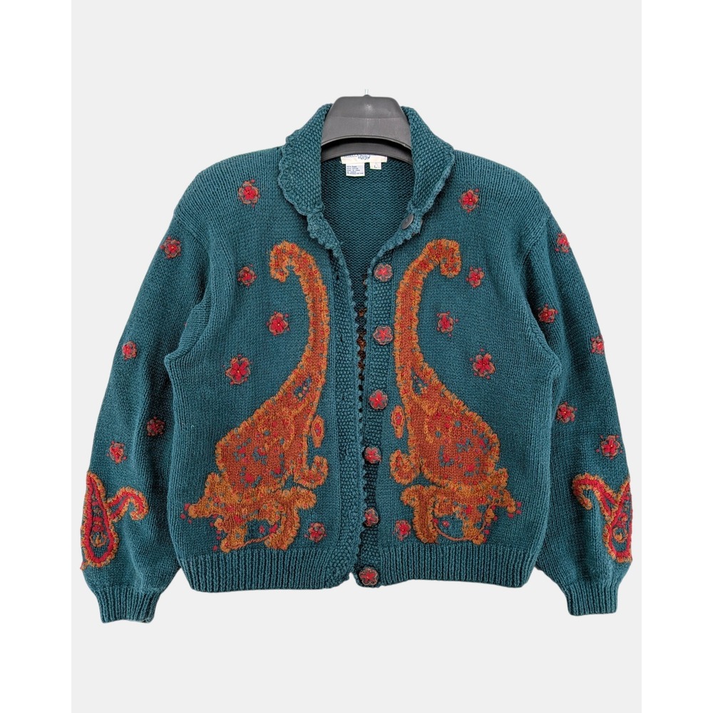Vintage Rebecca Thomas Horse Paisley Ramie Cotton Cardigan Sweater L